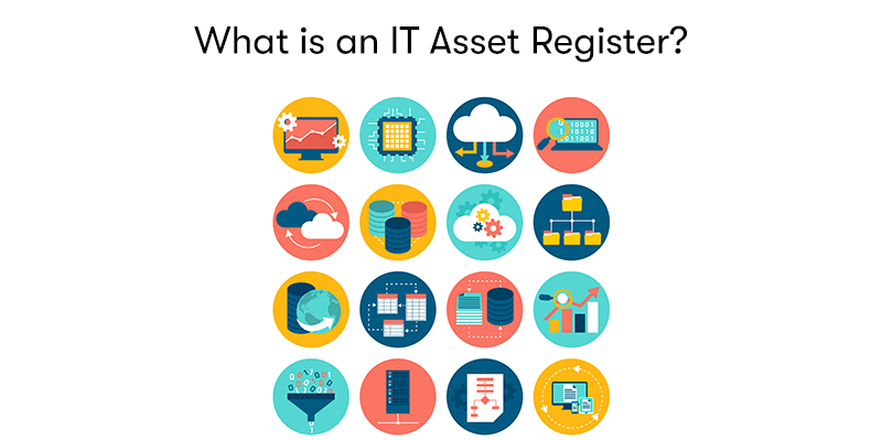 A picture of a bank of IT assets including servers, cloud, computers, files, and servers. With the heading 